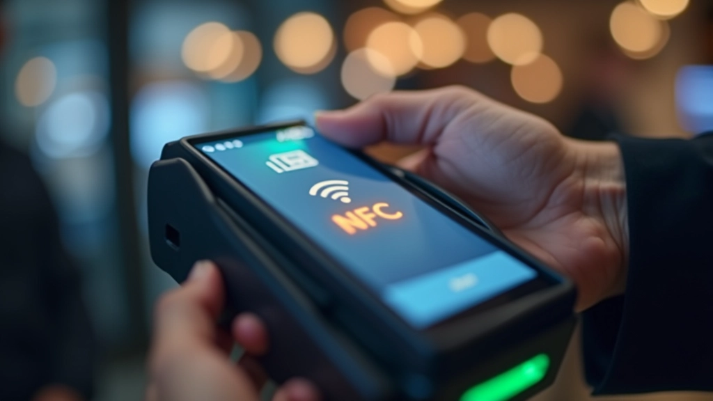 Gros plan sur un terminal de paiement avec symbole NFC illuminé, acceptant un paiement sans contact