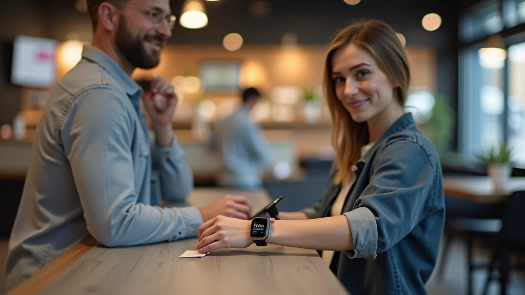 Personne utilisant une montre connectée pour effectuer un paiement sans contact en magasin